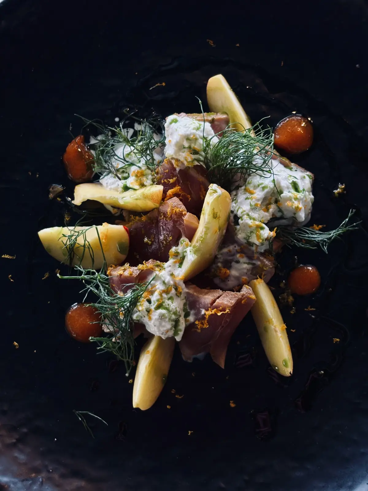 Tonno scottato con stracciatella, finocchietto e agrumi