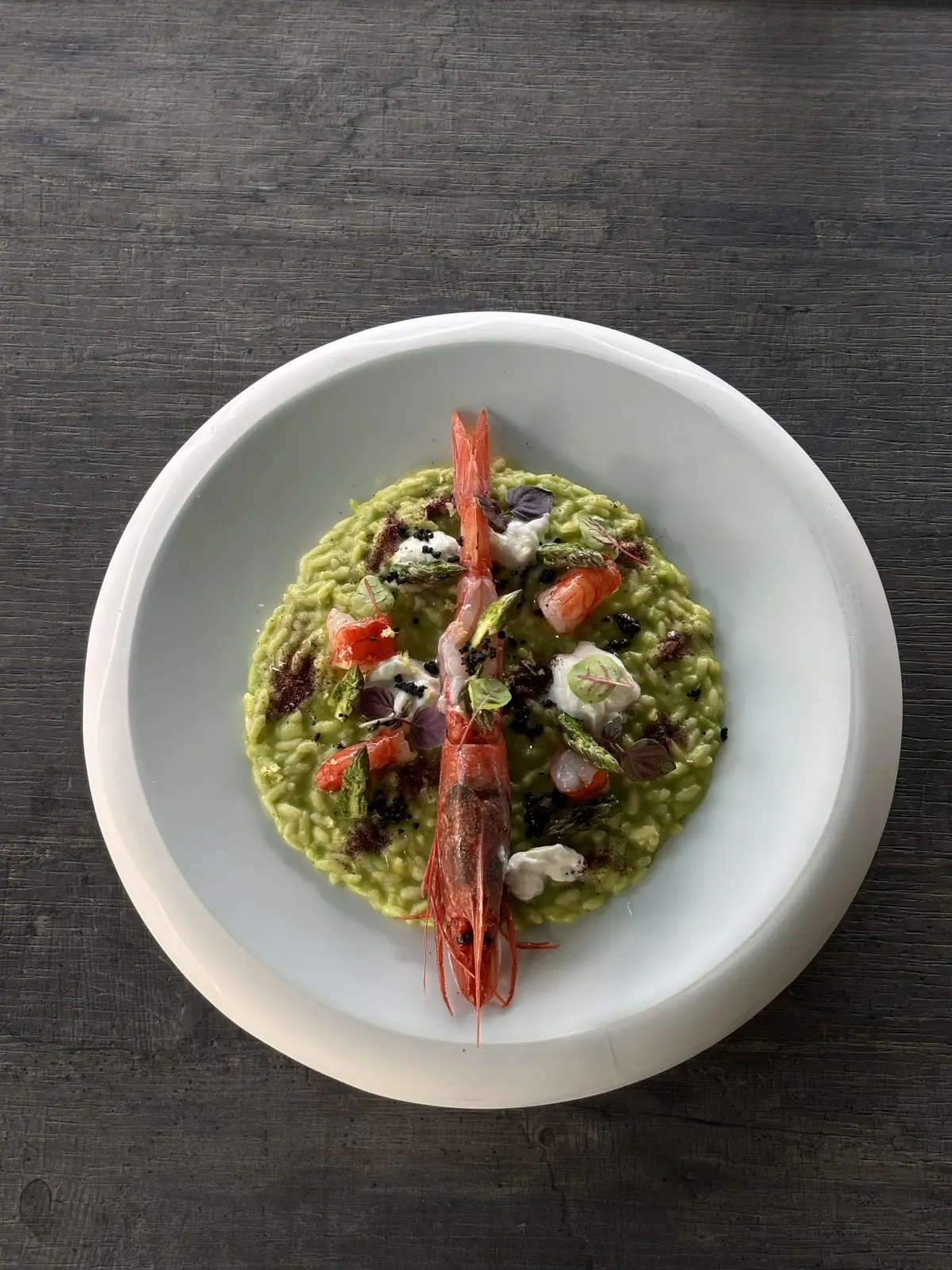Risotto agli asparagi con gambero rosso servito in piatto bianco